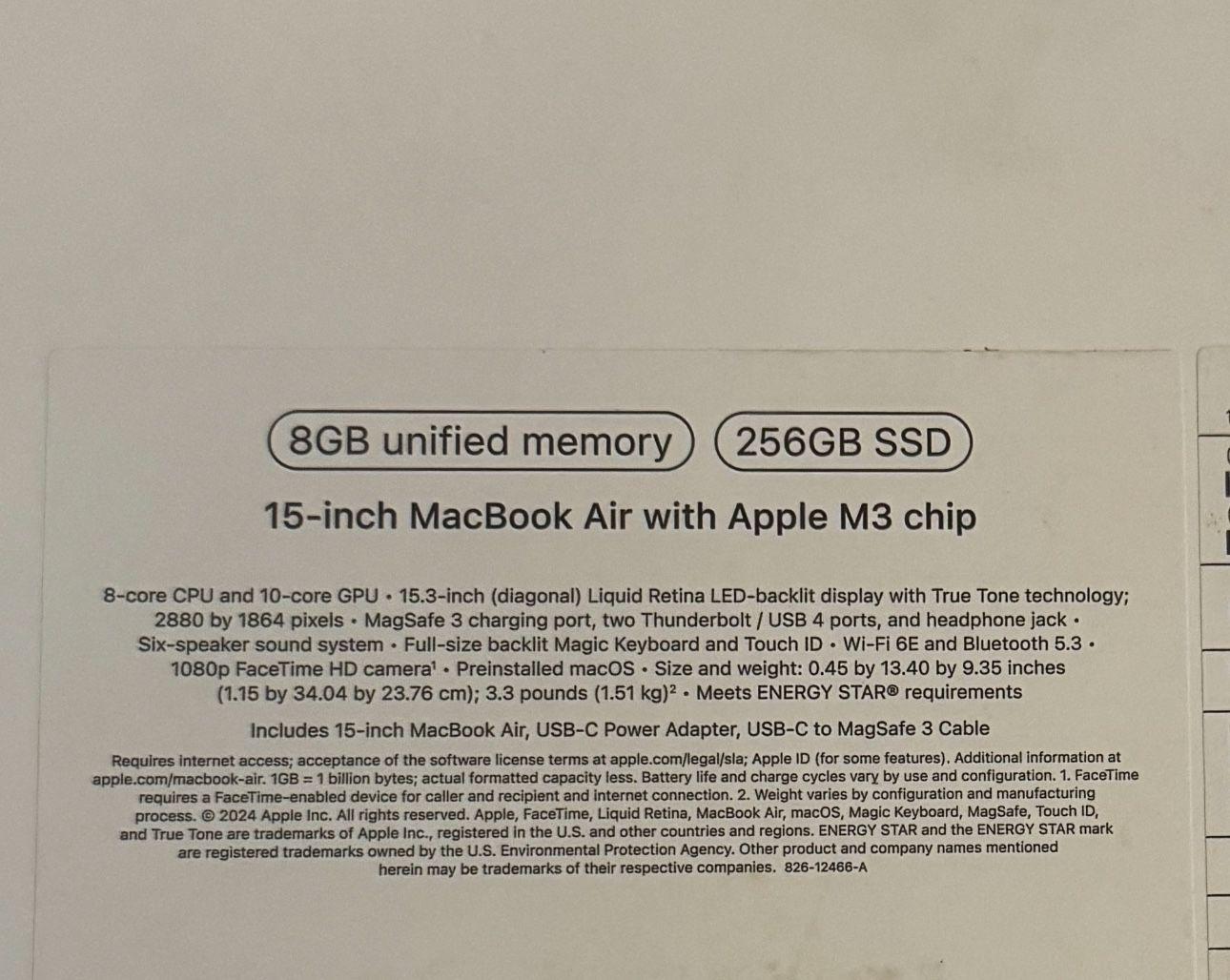 MacBook Air 15-inch Laptop - Apple M3 chip - 8GB Memory - 256GB SSD (Latest Model) - Midnight